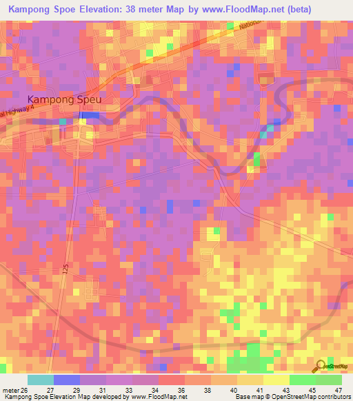 Kampong Spoe,Cambodia Elevation Map