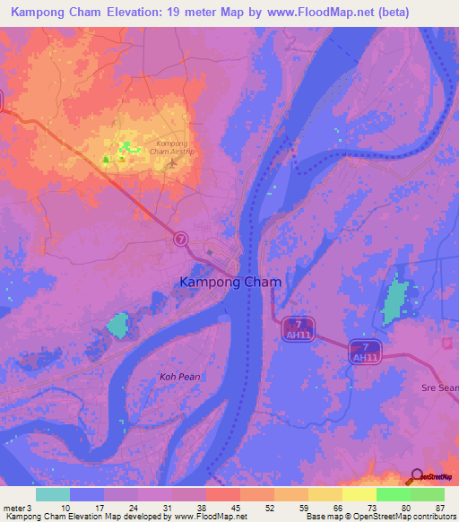 Kampong Cham,Cambodia Elevation Map