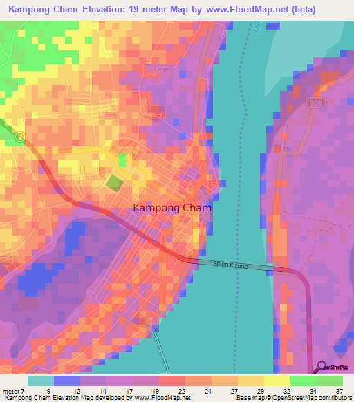 Kampong Cham,Cambodia Elevation Map