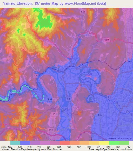 Yamato,Japan Elevation Map