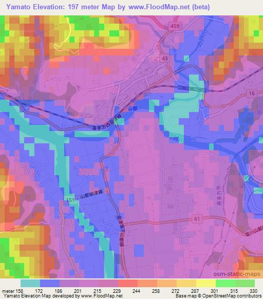 Yamato,Japan Elevation Map