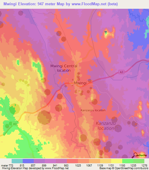 Mwingi,Kenya Elevation Map