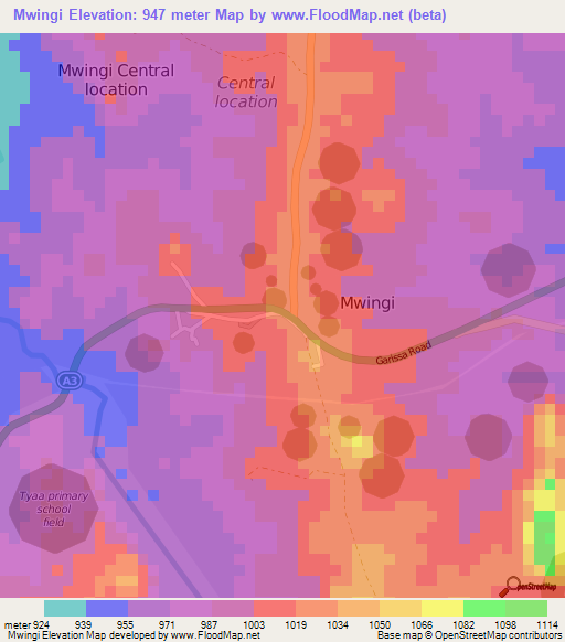 Mwingi,Kenya Elevation Map