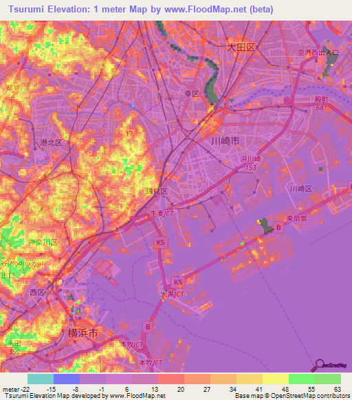 Tsurumi,Japan Elevation Map