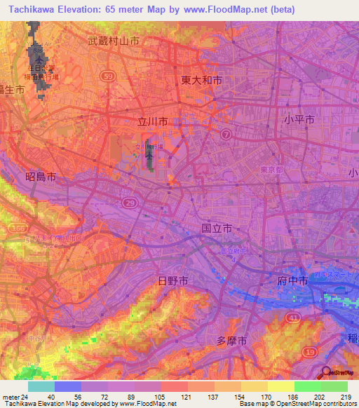 Tachikawa,Japan Elevation Map