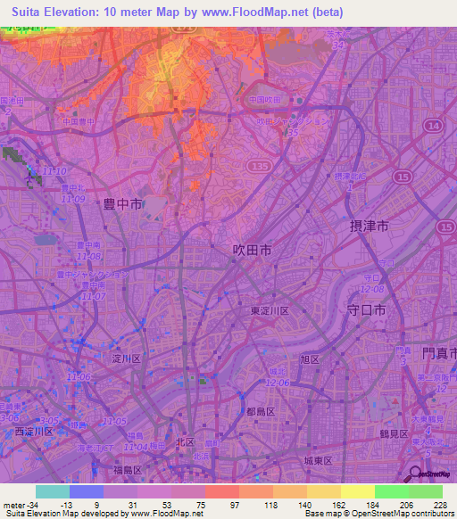 Suita,Japan Elevation Map