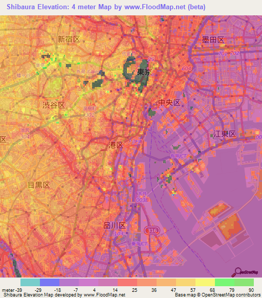 Shibaura,Japan Elevation Map