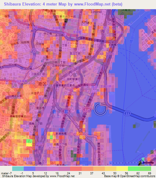 Shibaura,Japan Elevation Map