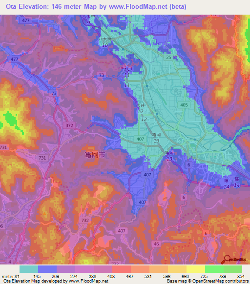 Ota,Japan Elevation Map