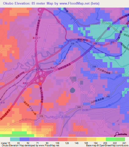 Okubo,Japan Elevation Map