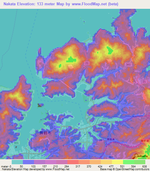 Nakata,Japan Elevation Map