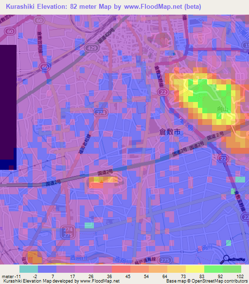 Kurashiki,Japan Elevation Map