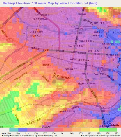 Hachioji,Japan Elevation Map