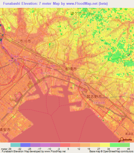 Funabashi,Japan Elevation Map