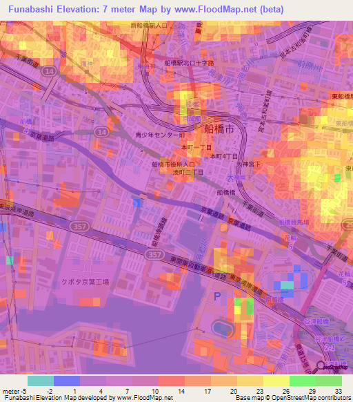 Funabashi,Japan Elevation Map