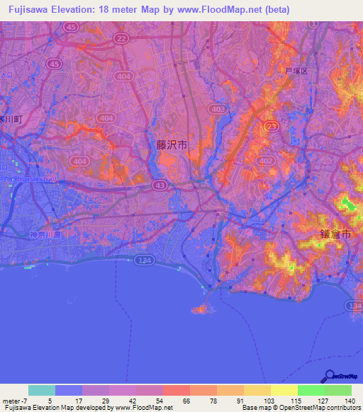 Fujisawa,Japan Elevation Map