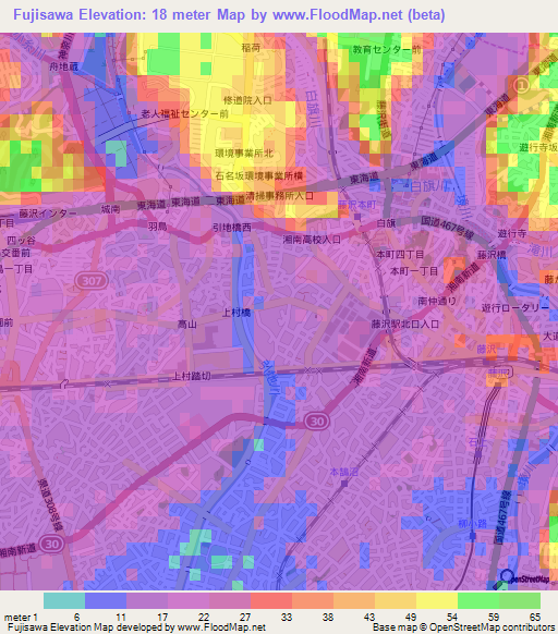 Fujisawa,Japan Elevation Map