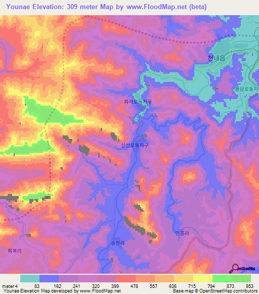 Younae,North Korea Elevation Map