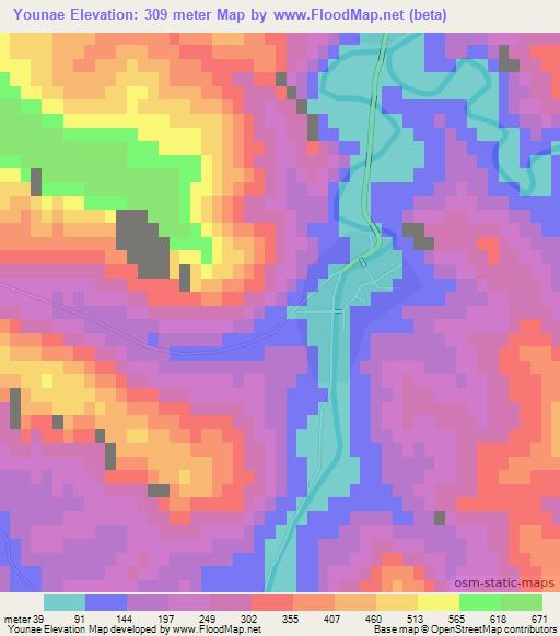 Younae,North Korea Elevation Map