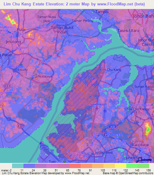 Lim Chu Kang Estate,Singapore Elevation Map