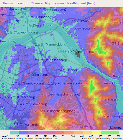 Hanam,South Korea Elevation Map