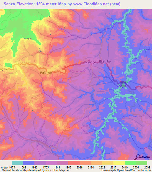 Sanza,Rwanda Elevation Map