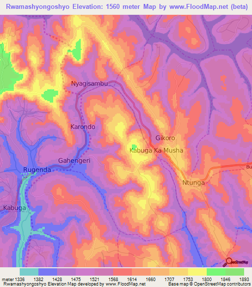 Rwamashyongoshyo,Rwanda Elevation Map