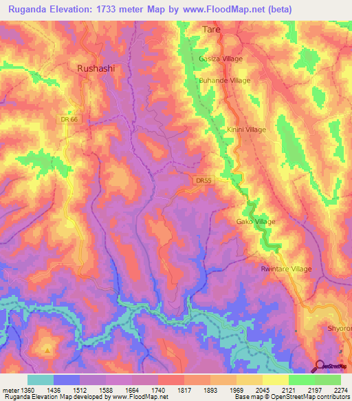 Ruganda,Rwanda Elevation Map