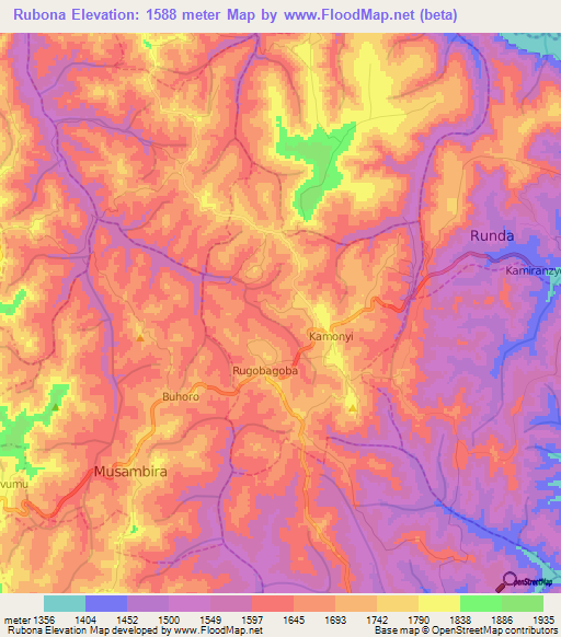 Rubona,Rwanda Elevation Map