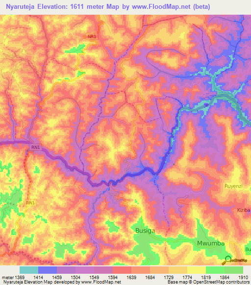 Nyaruteja,Rwanda Elevation Map