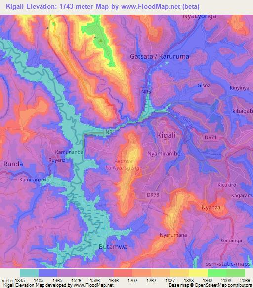 Kigali,Rwanda Elevation Map