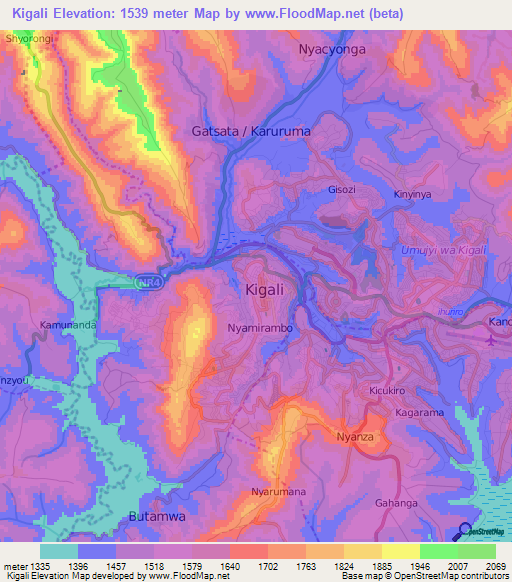 Kigali,Rwanda Elevation Map