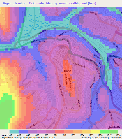 Kigali,Rwanda Elevation Map