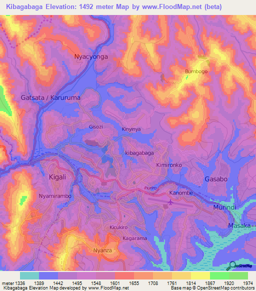 Kibagabaga,Rwanda Elevation Map