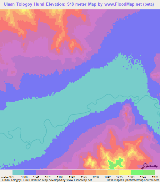 Ulaan Tologoy Hural,Mongolia Elevation Map