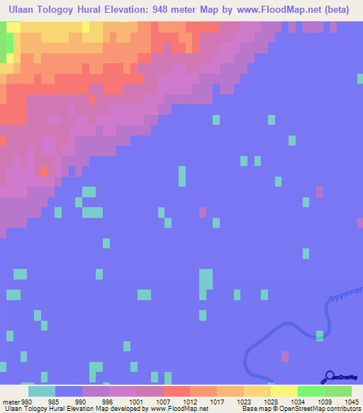 Ulaan Tologoy Hural,Mongolia Elevation Map