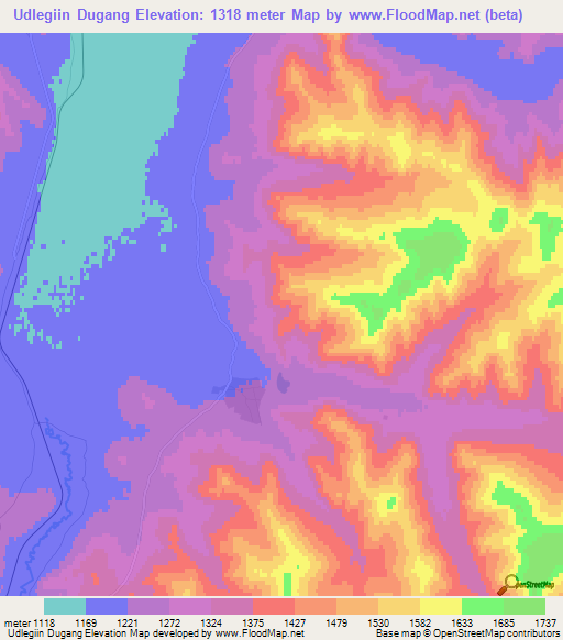 Udlegiin Dugang,Mongolia Elevation Map