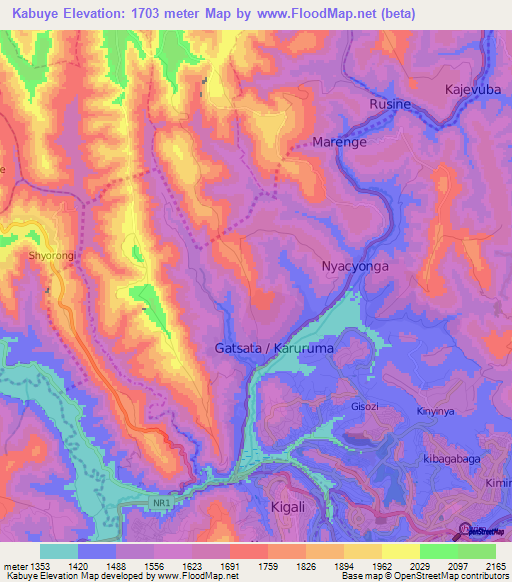 Kabuye,Rwanda Elevation Map