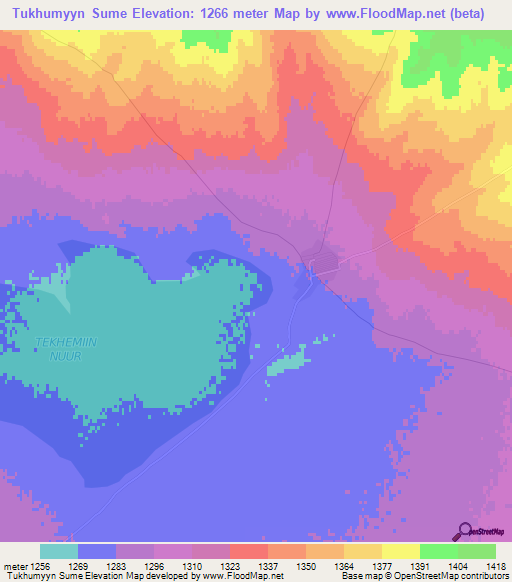 Tukhumyyn Sume,Mongolia Elevation Map