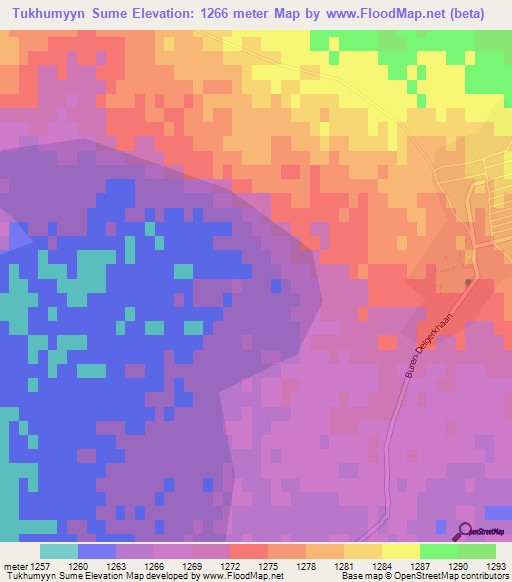 Tukhumyyn Sume,Mongolia Elevation Map