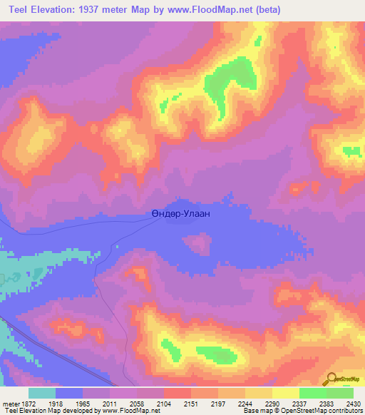 Teel,Mongolia Elevation Map