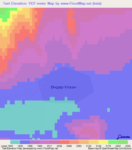 Teel,Mongolia Elevation Map