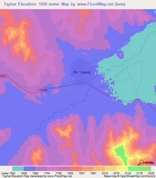 Tayhar,Mongolia Elevation Map