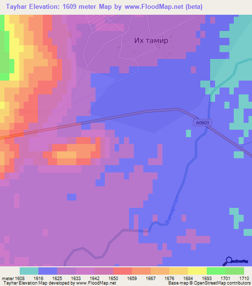 Tayhar,Mongolia Elevation Map