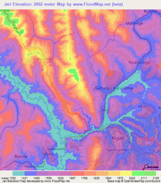 Jari,Rwanda Elevation Map