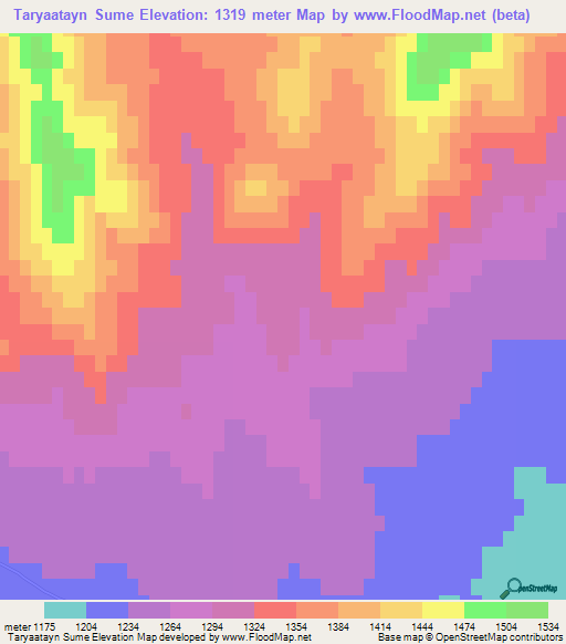 Taryaatayn Sume,Mongolia Elevation Map