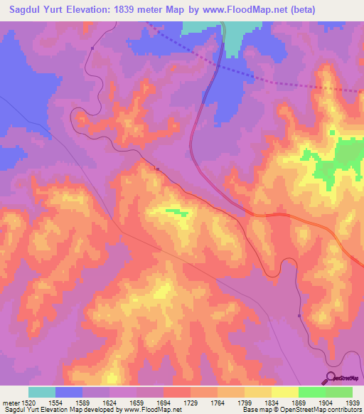 Sagdul Yurt,Mongolia Elevation Map