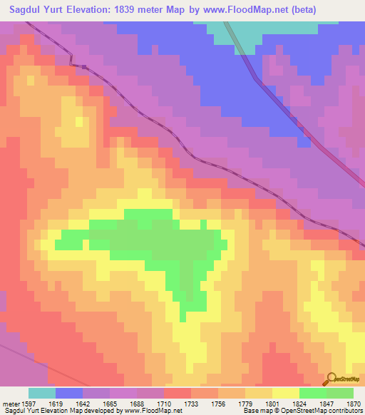 Sagdul Yurt,Mongolia Elevation Map