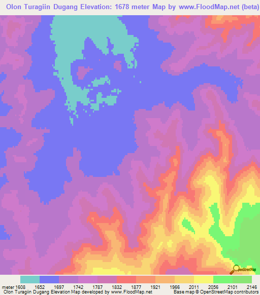 Olon Turagiin Dugang,Mongolia Elevation Map