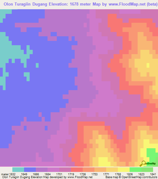 Olon Turagiin Dugang,Mongolia Elevation Map